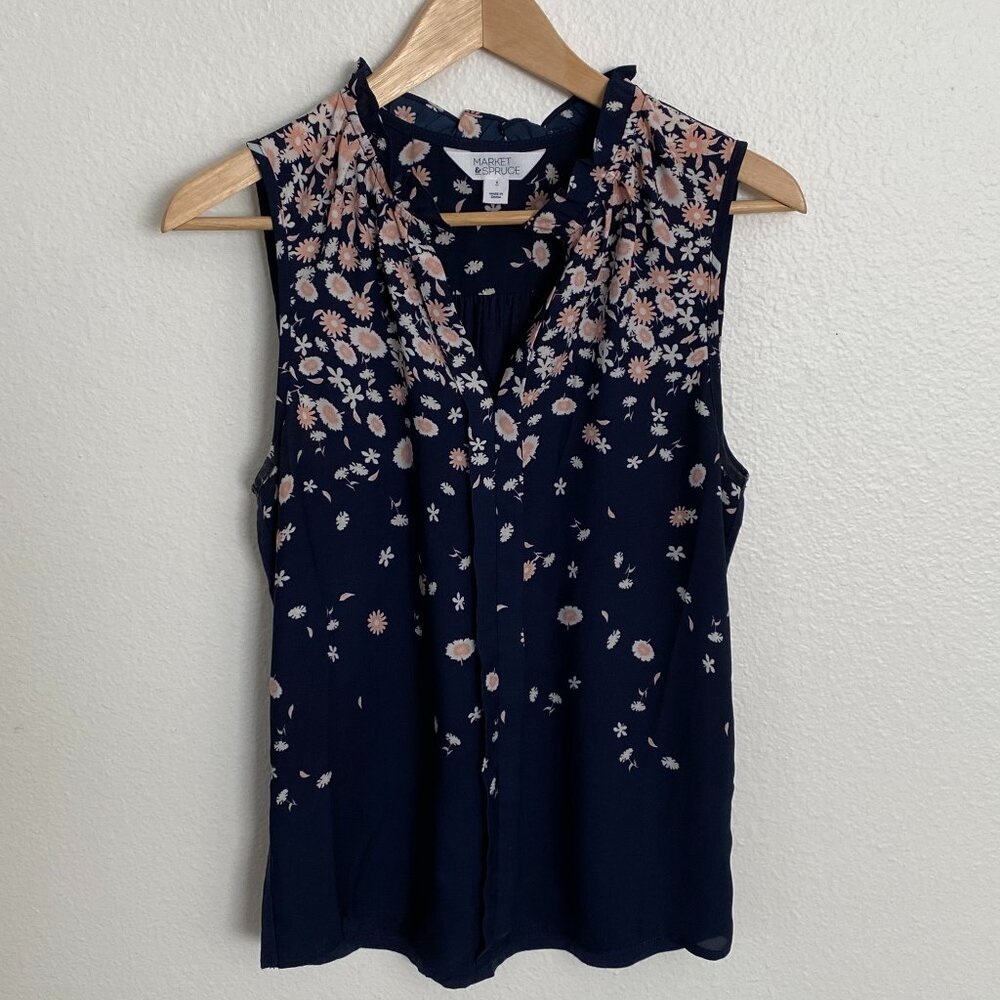 MARKET & SPRUCE | Blue with Pink Flower Sleeveless Top, Size S